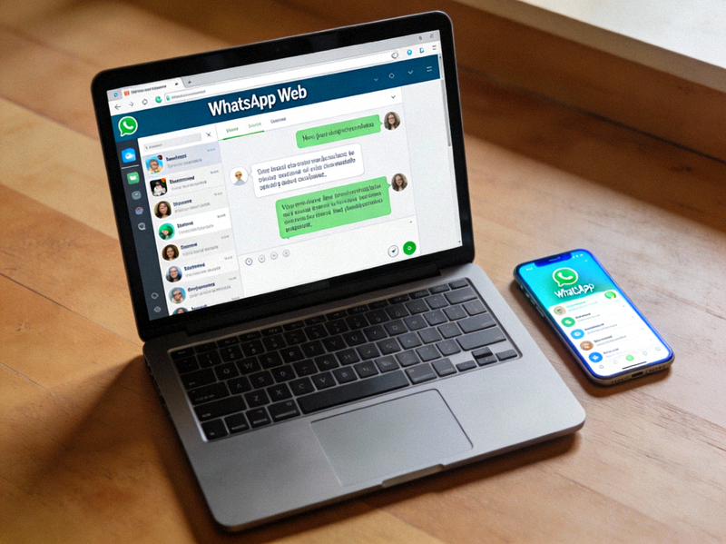 笔记本电脑屏幕上显示WhatsApp网页版聊天界面，旁边放着一部手机